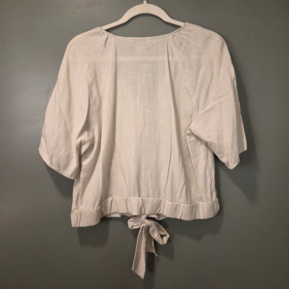 Nine West‎ Women's Cream Linen Blend Half Sleeve Tie Front Blouse Size L Cropped - Picture 2 of 11